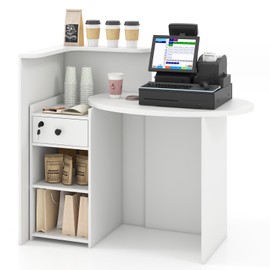 Giantex Reception Desk, Front Counter Desk with Lockable Drawer, Checkout Table with Round Tabletop, Corner Shelf & Adjustable Shelf for Office Beauty Salon Retail Store (White)