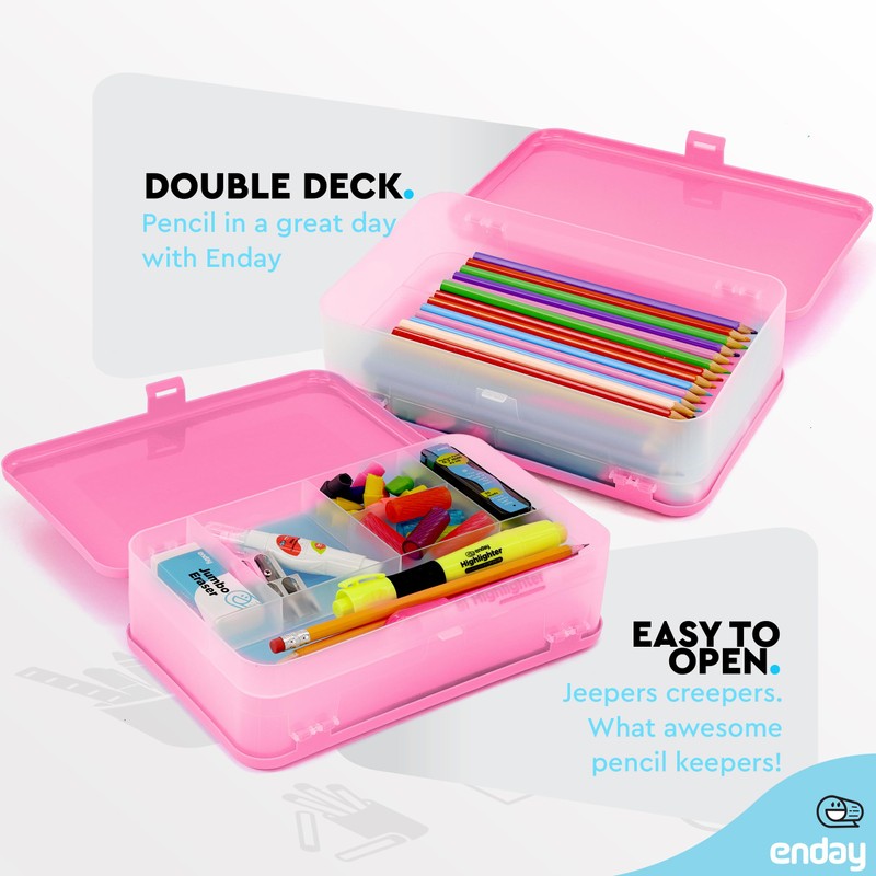 Enday Pencil Box Pink, Large Capacity Plastic Double Deck Box