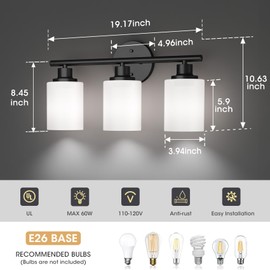 Weyderk Black Bathroom Vanity Light - 3-Light Bathroom Light fixtures with White Glass Shades, UL Certification & E26 Base Bathroom Lighting Fixture Over Mirror
