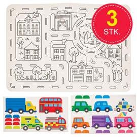 Baker Ross FN073 Colouring and Sticking Transport Cards - 3 Pack Transport Cards for Kids, Car Play Mat