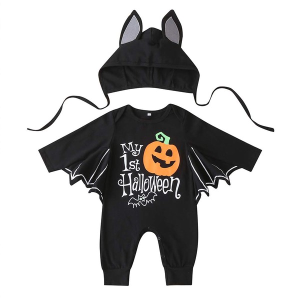 KILUS My First Halloween Baby Boy Bat Romper Jumpsuit with Hat Outfits halloween Clothes for Kids Babies (Black D, 6-12 Months)