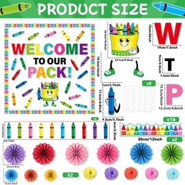 Back to School Bulletin Board Set Colorful Crayon Cutouts Name Tags Label Paper Flower Fan Classroom Decorations First Day of School Bulletin Board for Teacher Supplies Chalkboard Wall Classroom Decor