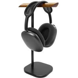 GEVO Headphone Stand for Desk, Walnut Wood & Aluminum Headset Stand, Universal Walnut Gaming Headset Holder with Solid Heavy Base for AirPod Max, Bose, Sony All Headphone Sizes (Square Base)