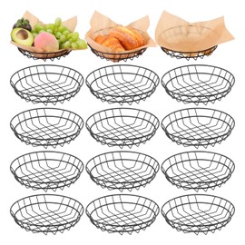 Biugaaufai 15 Pack 8 Inch Round Wire Bread Basket, Metal Fast Food Baskets with 50 Sheets Deli Wrappers Paper, Metal Dinner Roll Baskets for Home & Kitchen, Serving and Storage(Black)