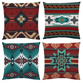 Western Native American Throw Pillow Covers Set of 4 16X16 Inch Rustic Southwestern Tribal Ethnic Design Pillow Covers Comfortable Boho Velvet Covers for Bedroom Bed Outdoor Couch Sofa (16 x 16 Inch)