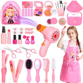 Hapgo Hair Salon Toys for Girls, 39 Pc Pretend Play Makeup Toys Set, Beauty Play Hair Styling Kit with Blow Dryer, Barber Apron and Scissors Accessories for 3-9 Year Old