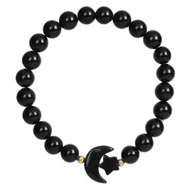 Nupuyai Carved Moon Star Obsidian Crystal Stone Bracelet for Women, 8mm Round Beads Stretch Bracelet Lucky Charm