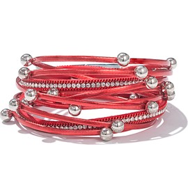 FANCY SHINY Leather Beaded Bracelet Boho Wrap Bracelet Gothic Jewelry Studded Bead Rhinestone Goth Bracelet for Women with Magnetic Clasp(Red)