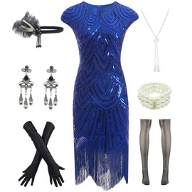 Letter Love Women 1920s Vintage Flapper Fringe Beaded Gatsby Party Dress With 20s Accessories Set (M, Blue)