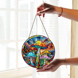 FIVITY 7.8'' Mushroom Sun Catchers Plant Stained Glass Window Hanging Forest Mushrooms Suncatchers Christmas Tree Ornaments Office Home Kitchen Mothers Day Housewarming Gifts for Women Mom