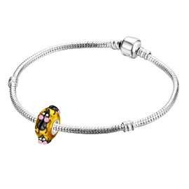 Andante-Stones 925 Sterling Silver Murano Glass Bead Charm Animal World Mouse Olive Yellow Element Ball for European Beads + Organza Pouch, Sterling Silver Glass