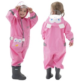 JinBei Kids Puddle Suit for Girls Waterproof Suit All in One Raincoat Lightweight Hooded Portable Breathable Easy to Dry Rainsuit Rainwear for Children Girls 6-7 Years, Pink Monkey Print