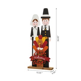 Glitzhome Thanksgiving Wooden Pilgrim Couple Porch Sign, 36"H Turkey Standing Decor Rustic Welcome Sign Farmhouse Thanksgiving Porch Decor Standing Decor for Fall Harvest Autumn Thanksgiving