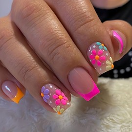 Flower Press on Nails Short Medium Fake Nails with Colorful Floral Designs French Tip Glue on Nails Press on Glossy Cute False Nails Spring Acrylic Stick on Nails for Women Girls 24 Pcs