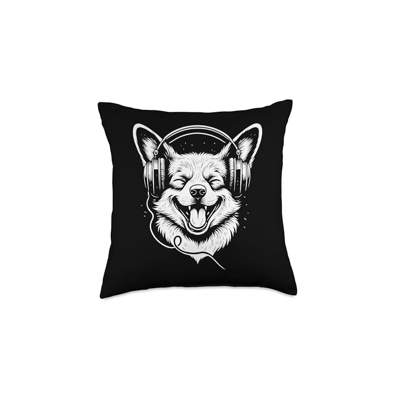 Corgi With Headphones DJ Music Dog Lover Throw Pillow