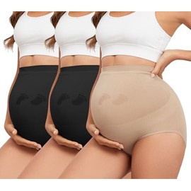 Y25D - Ropa interior de maternidad sin costuras, cintura alta, bragas de maternidad sobre los golpes, embarazo, apoyo para el vientre, 2 negros y 1 desnudos, Small