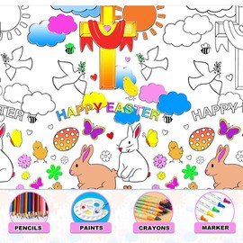 JUNQIU Easter Coloring Tablecloth for Kids, 71 * 48 in Large Easter Poster, Easter Arts and Crafts for Kids, Easter Activities for Kids Classroom Party Gifts