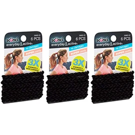 Scunci Everyday and Active Strand Elastics, Black Color, 6-Pcs per Pack, 3-Packs Total