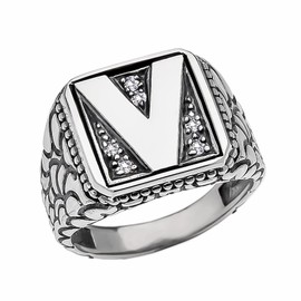 Men's Sterling Silver Cubic Zirconia Initial "V" Nugget Ring (Size 9.25)