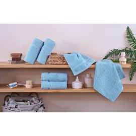 Hawmam Linen Luxury Cotton Washcloths 13x13 Inch - Large Hotel Spa Bathroom Face Towel | 12 Pack | Light Blue