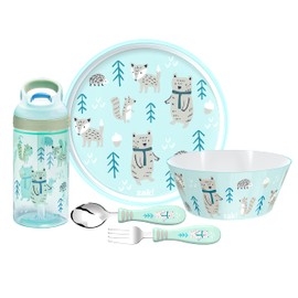 Zak Designs 5-Piece Dinnerware Set, Forest Friends - Durable Plastic & Stainless Steel - Includes Water Bottle, 8-Inch Plate, 6-Inch Bowl, Fork & Spoon - Suitable for Kids Ages 3+