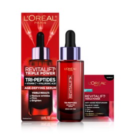 L'Oreal Paris Revitalift Triple Power Face Serum with Tri-Peptides, Hyaluronic Acid and Vitamin C, Anti Aging, Anti Wrinkle Serum to Firm and Brighten, 1 FL oz, + Sample