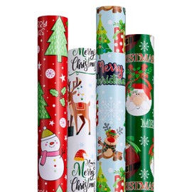 Anvure Christmas Wrapping Papers (4 Rolls: 93 sq. ft total) with Santa Claus, Snowman, Elk, Tree, Xmas Pattern Design, 17 Inch*16.4 Feet per Rolls, Blue/White/Red/Green Holiday Gift Wrap for Presents