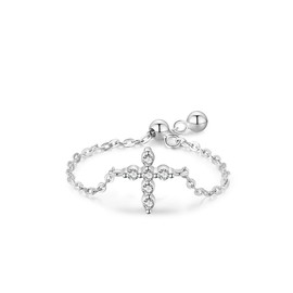 Kokoma Sterling Silver Cross Ring for Women Dangle Ball Drop Link Chain Stacking Rings Promise Engagement Statement Finger Band Minimalist Jewelry