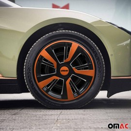 OMAC - Black with Orange Hub Caps 16 Inch Set of 4, Tapas para Rines 16, Premium Wheel Covers 16 Inch, R16 Rim Cover Set, Snap On Durable Car Replacement Exterior Accessories