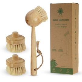 Protea Washing Up Brush with Replacement Heads (Set of 3) - Sustainable Cleaning Brush - Reusable - Made of Natural Fibre - Brushes Interchangeable - Vegan - Scrubbing Brush - Brush Set - High Quality