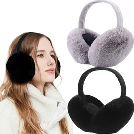 FSMILING Warm Earmuffs for Women Earmuffs Girls Winter Outdoor Earmuffs for Men Women Girls 1 & 2 Pack, Black & Gris