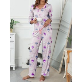 Famulily Pyjamas for Women Sheep Printed Long Sleeve Tops Color Block Comfy Bottoms Henley Neck Pajama Sets Pink M