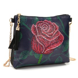 VETPW 5D Rose Flowers Diamond Art Painting Cross Body Bag, Diamond Painting Leather Coin Purse Zipper Handbag, DIY Diamond Painting Clutch Bag, Makeup Shoulder Bag for Party Travel, black
