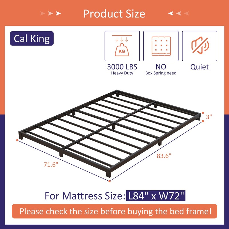 Nailsong 3 inch Cal King Bed Frame Low Profile, California