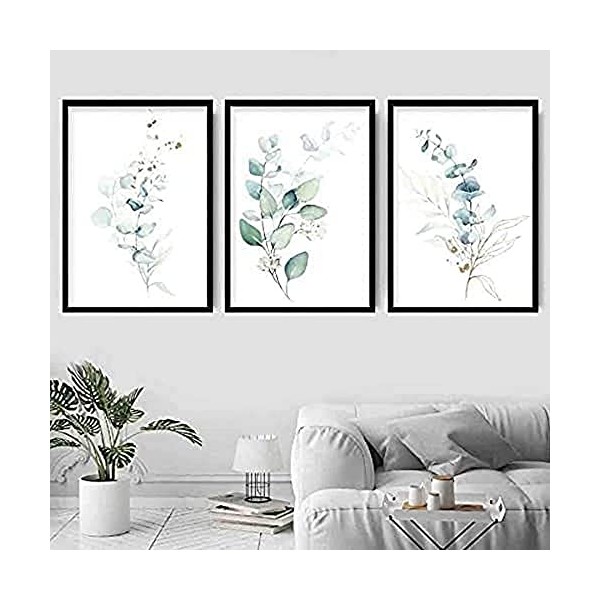 Artze Wall Art Floral Eucalyptus Leaves Art Print 3-Piece Set, 40 cm Width x 50 cm Height, Blue/Green