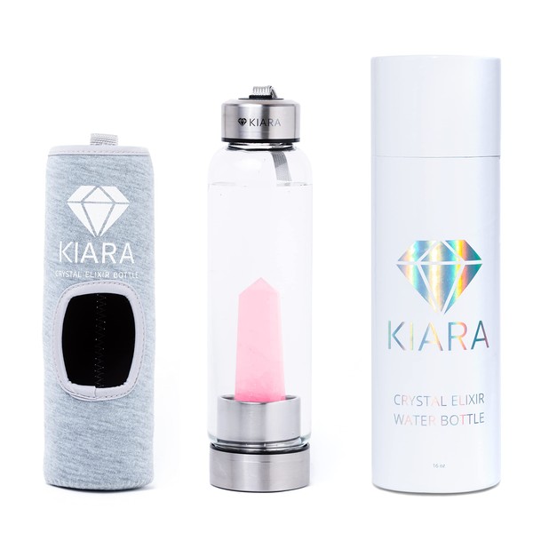 Kiara Crystal Elixir Bottle | 16oz Natural Gemstone Water Bottle for Making Crystal Infused Gemwater | Includes Premium Healing Crystal, Free E-Book and Neoprene Sleeve (Super Sleeve - Rose Quartz)
