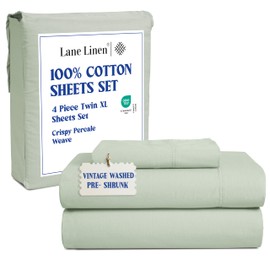LANE LINEN 100% Cotton Pre Washed Extra Long Twin Sheet & Pillowcase Sets, 15" Deep Pocket Fully Elasticized, Naturally Temperature Regulating Cotton Sheets Twin XL Bed Sheets- Mineral