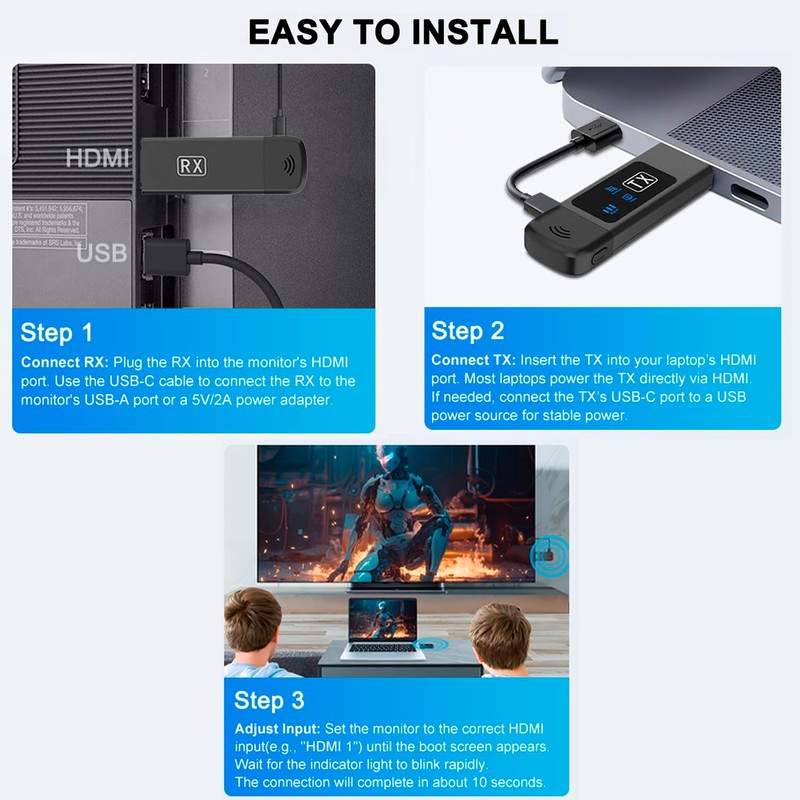 2025 Upgraded Wireless HDMI Transmitter and Receiver, Plug & Play,