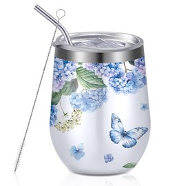 Geiserailie Hydrangea Insulated Wine Tumbler 12 oz Spring Summer Flower Butterfly Stainless Steel Wine Glass with Lids and Straw Insulated Double Wall Travel Tumbler for Coffee Cocktail Office Gifts
