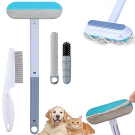 Reusable Pet Hair Remover Brush - Multifunctional Pet Hair Removal Brush Tool for Furniture, 4 in1 Cat and Dog Hair Removal, 17.3Inch Adjustable Long Handle, Gentle on Couch Carpets Bedding (1 Set)