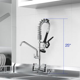 GOSIFACA 25" Height Commercial Faucet with Sprayer 8" Adjustable Center Brass Construction Wall Mount Pre Rinse Faucet with 1.42 GPM Sprayer 8" Swing Spout for 3 Compartment Sink Utility Sink