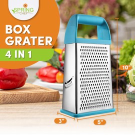 Spring Chef Professional 10" Stainless Steel Parmesan Cheese Grater with Handle, 4 Sided Handheld Box Grater, Kitchen Food Shredder for Potato, Cheese, Ginger, Veggie - Aqua Sky