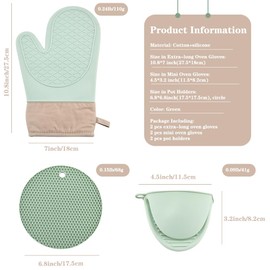 Oven Mitts and Pot Holder 6pcs, UNOSCHRIM Silicone Oven Gloves with Silicone Trivet Mats and Mini Oven Gloves, Multipurpose Heat and Slip Resistant BBQ Gloves for Kitchen Cooking or Baking, Green