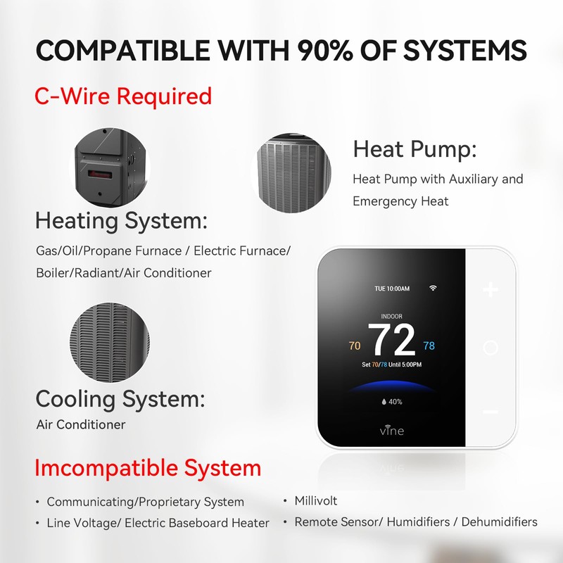 vine Thermostat for Home with Touchscreen Color Display, WiFi Smart