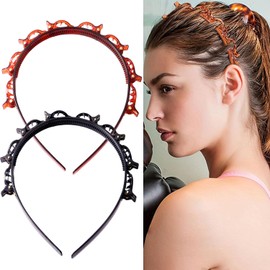 2 Pcs Clip Headbands,Multi-Layer Teeth Comb Hair Hoop Headband,Non-Slip Double Layer Twist Plait Head band,Multi-Layer Teeth Comb Hair Hoop Headband for Women Girls(Black,Brown)