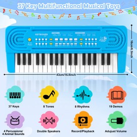 Kids Toddler Toy Piano Keyboard, 37 Key Pianos for Kid Music Toys Instruments with Microphone Dual Speaker Ideal for 3 4 5 6 7 8 Year Old Girl Boy Birthday/Christmas Day Gift (Blue)