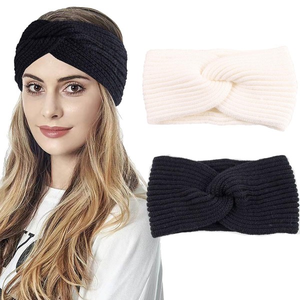 Winter Headband for Women, Ear Warmers, Knitted Headband, Elastic Crochet Fleece, Warm Hair Band, Head Wrap for Outdoor Sports (2 Colours)