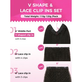 Lashey V Shape Invisible Clip in & Lace Clip in Hair Extensions Human Hair, 18 Inch 120g Set (1 V-Shaped + 2pcs Lace Clip ins), Natural Black Kinky Straight No Leave Out Hair Extension for Women