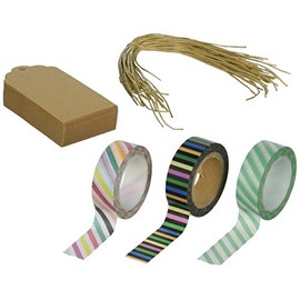 Wrapables 50 Scalloped Gift Tags/Kraft Hang Tags with Free Cut Strings & Set of 3 Washi Tape for Gifts, Crafts & Price Tags - Retro Stripes