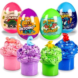 Waybla Dinosaur Butter Slime Kit for Kids – 4-Pack Colorful Butter Slimes with Glitter, Dinosaur Figurines, and Plastic Eggs – Sensory Toy, Party Favors, Birthday Gifts, Easter Basket Stuffers Fillers